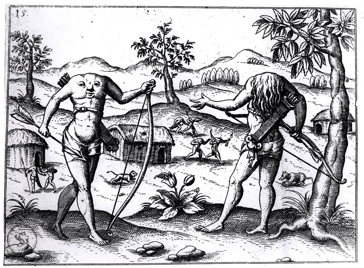 Huvudlösa män och kvinnor, illustration från Sir Walter Raleighs redogörelse för Guyana, publicerad i Nürnberg, 1599 av German School