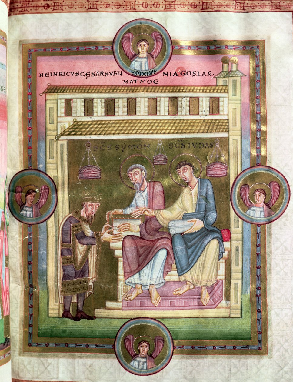 Henrik III (1017-56) med apostlarna Simon och Judas, från Codex Caesareus Upsaliensis, ca 1045 av German School