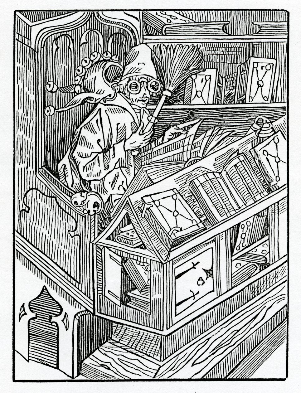 Här börjar folesna och de första onyttiga bokarna, illustration från Alexander Barclays engelska översättning av 