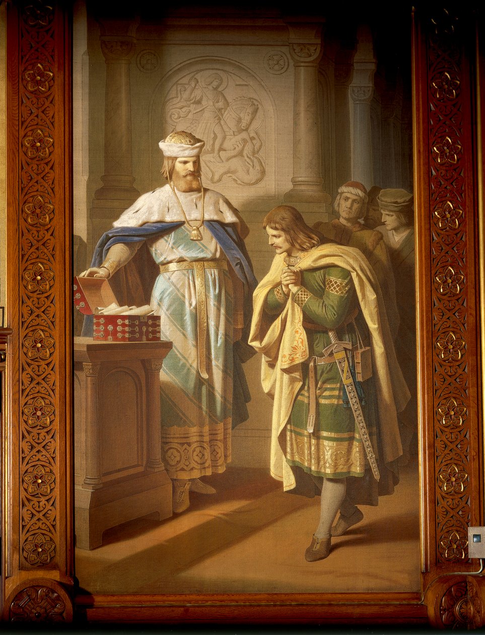 Hermann von Thuringen återlämnar det nyfunna manuskriptet "Aneide" till poeten, från Tannhauser Saga (olja på duk) av German School