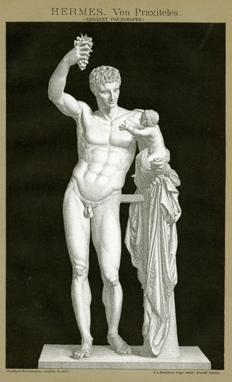 Hermes och spädbarnet Dionysos tillskriven Praxiteles c.1895 (färgkromolitografi) av German School