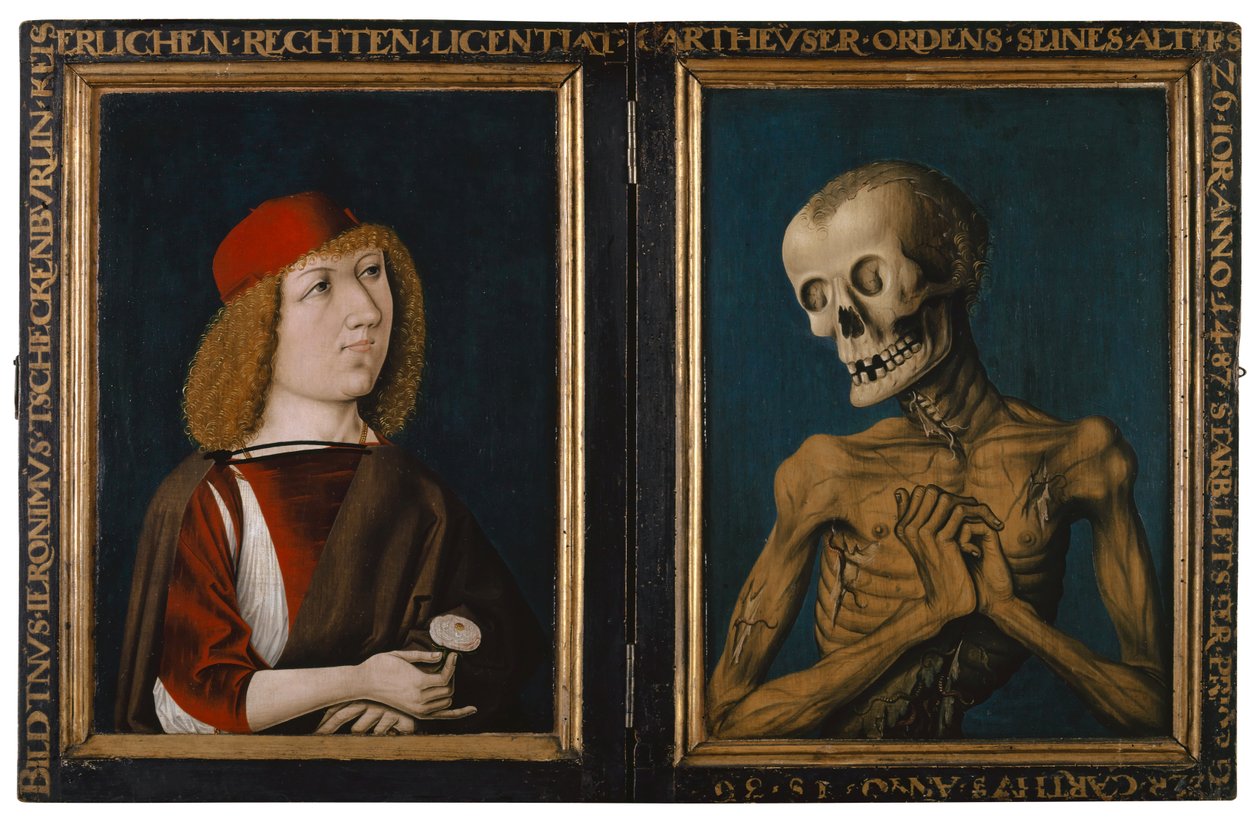 Hieronymus Tscheckenbürlin and the Personification of Death, 1487 (blandet teknik på limewood) swed av German School
