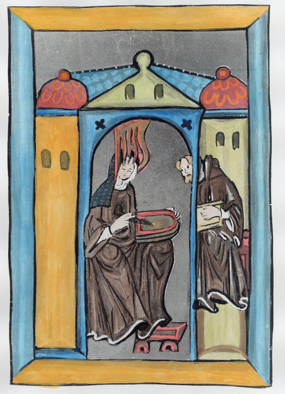 Hildegard av Bingen tar emot ljuset från himlen, ca 1151 (senare färgläggning) av German School