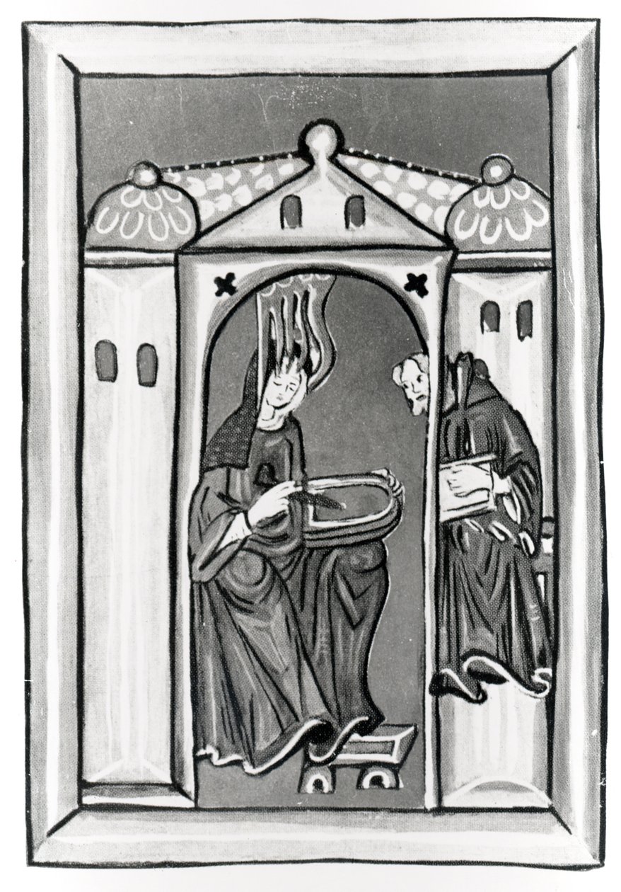 Hildegard av Bingen tar emot ljuset från himlen, ca 1151 (vellum) (s/v foto) av German School