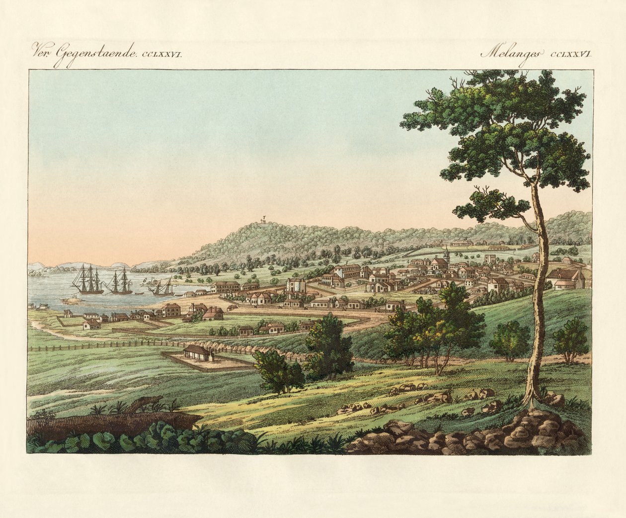 Hobart Town på Van Diemens Land (färgad gravyr) av German School