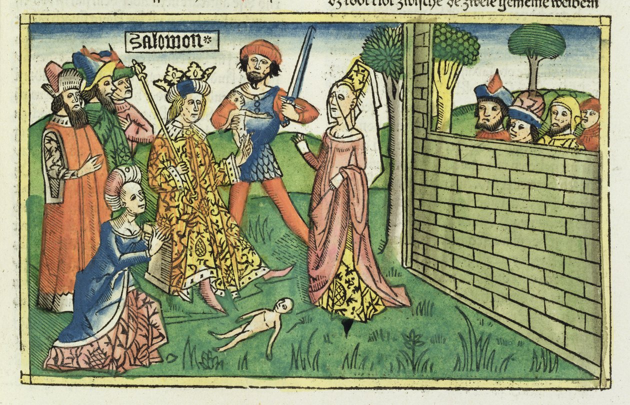 I Kungaboken 3 16-28 Salomos dom, från Nürnbergbibeln (Biblia Sacra Germanaica) (färgat träsnitt) av German School