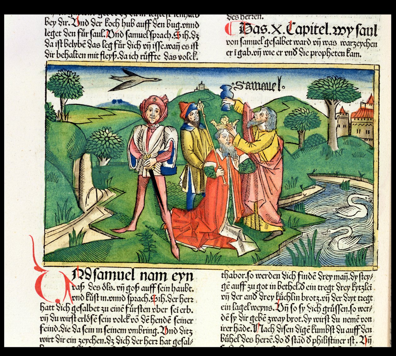 I Samuel 10 Sauls kröning och smörjelse, från Nürnbergbibeln (Biblia Sacra Germanica) (färgat träsnitt) av German School