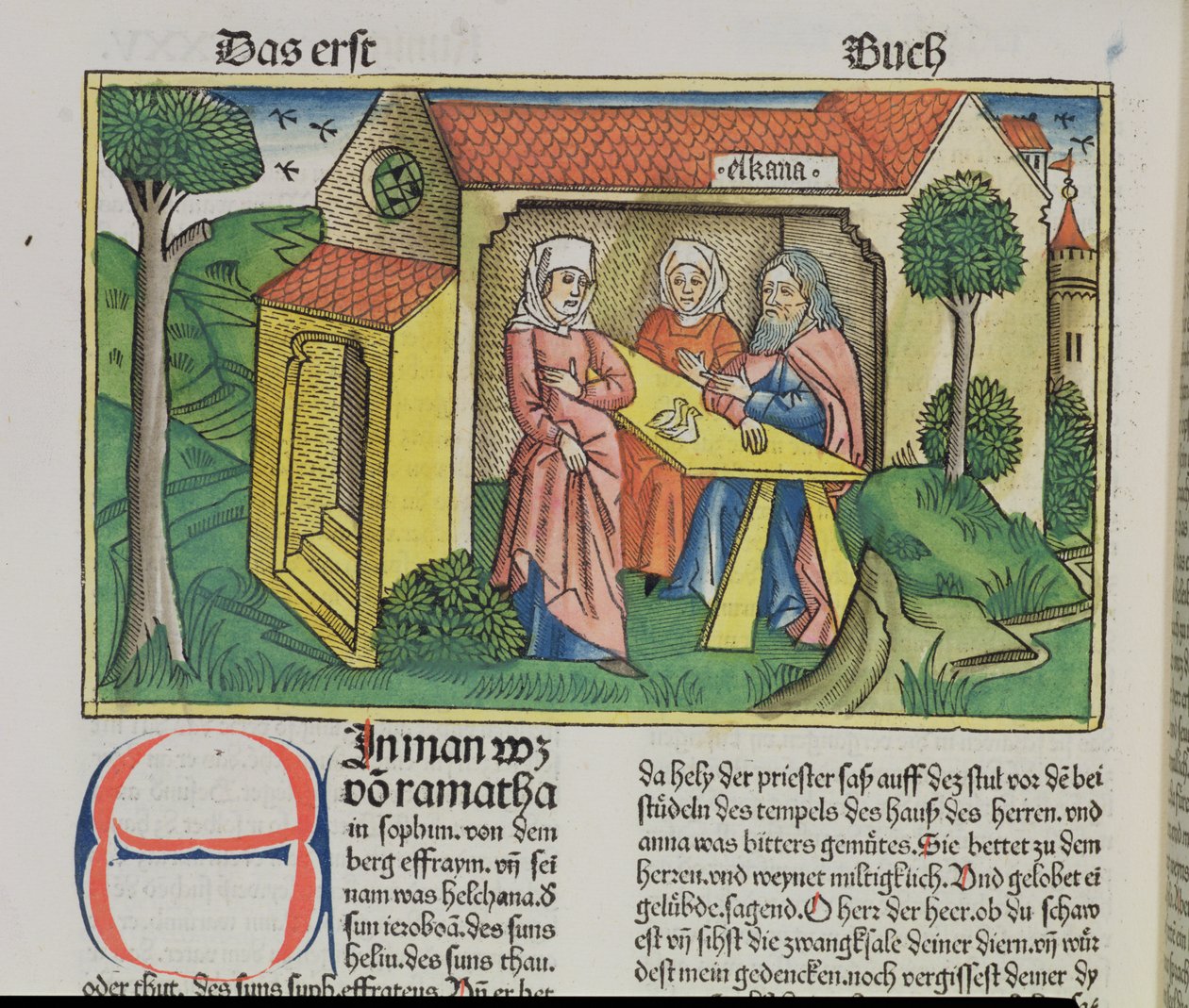 I Samuel 1:8 Elkana tröstar Hanna, från Nürnbergbibeln (Biblia Sacra Germanaica) (färgat träsnitt) av German School