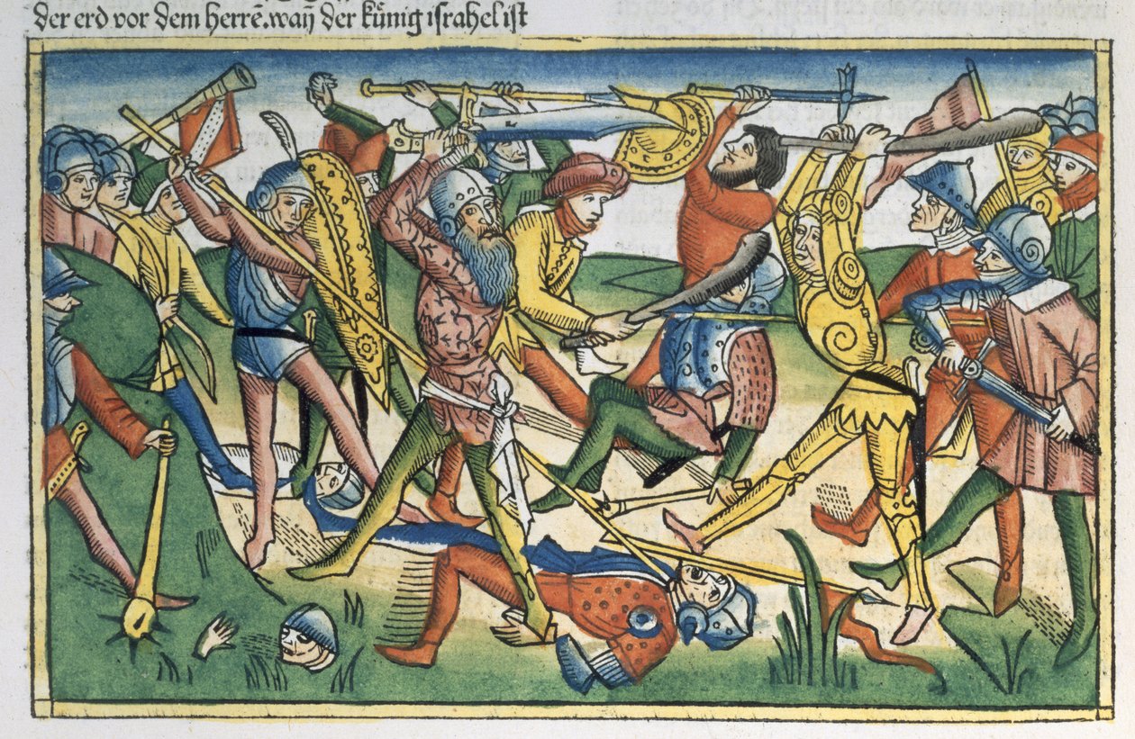 I Samuel 28 1-2 Filistéerna kriger mot Israel, från Nürnbergbibeln (Biblia Sacra Germanaica) (färgat träsnitt) av German School