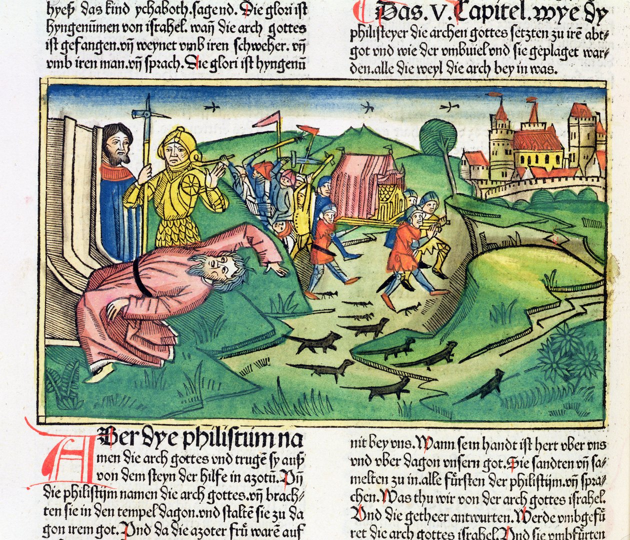 I Samuel 5:1-11 Filistéerna griper arken och drabbas av pesten, från Nürnbergbibeln (Biblia Sacra Germanaica) (färgat träsnitt) av German School