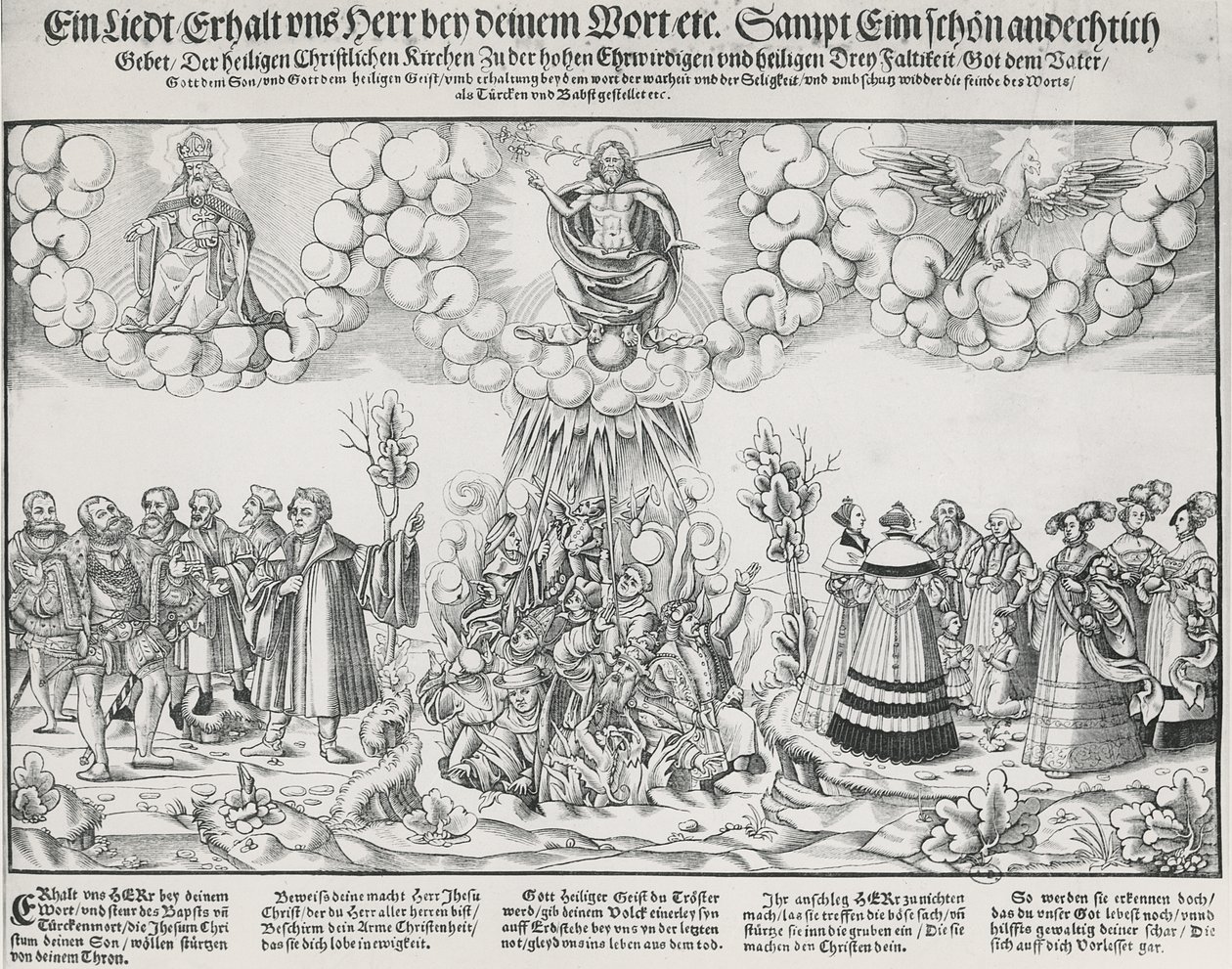 Illustration av Martin Luthers hymn som ber om Guds hjälp mot påvens dödliga verk av German School