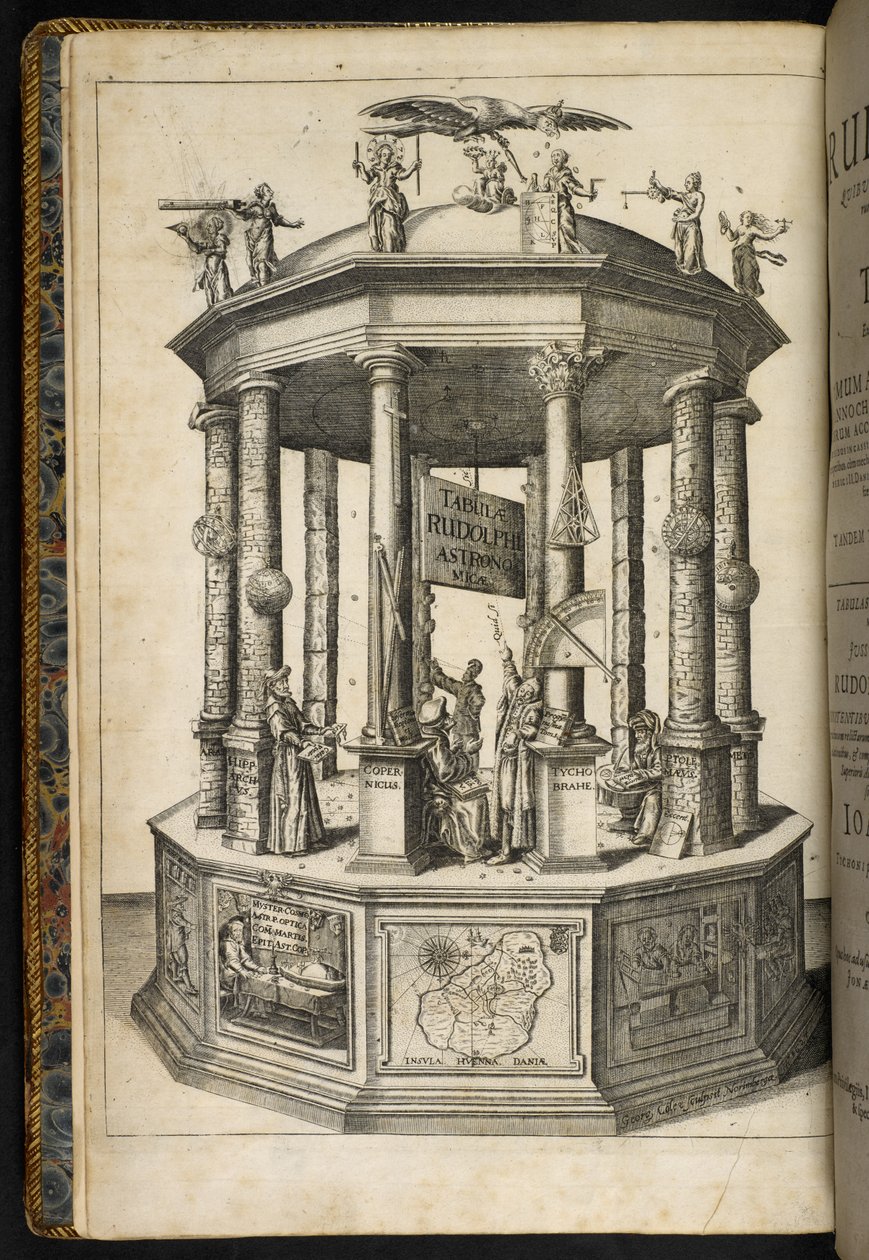 Illustrerad frontispiece som visar ett tempel för Urania, Muse of Astronomy, från 