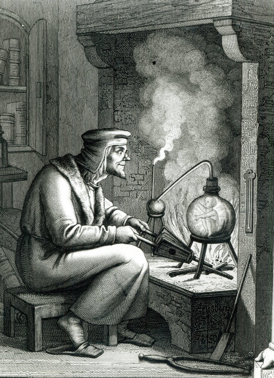 Illustration från Goethes Faust som visar Mephistopheles som skapar en homunculus, 1854 av German School