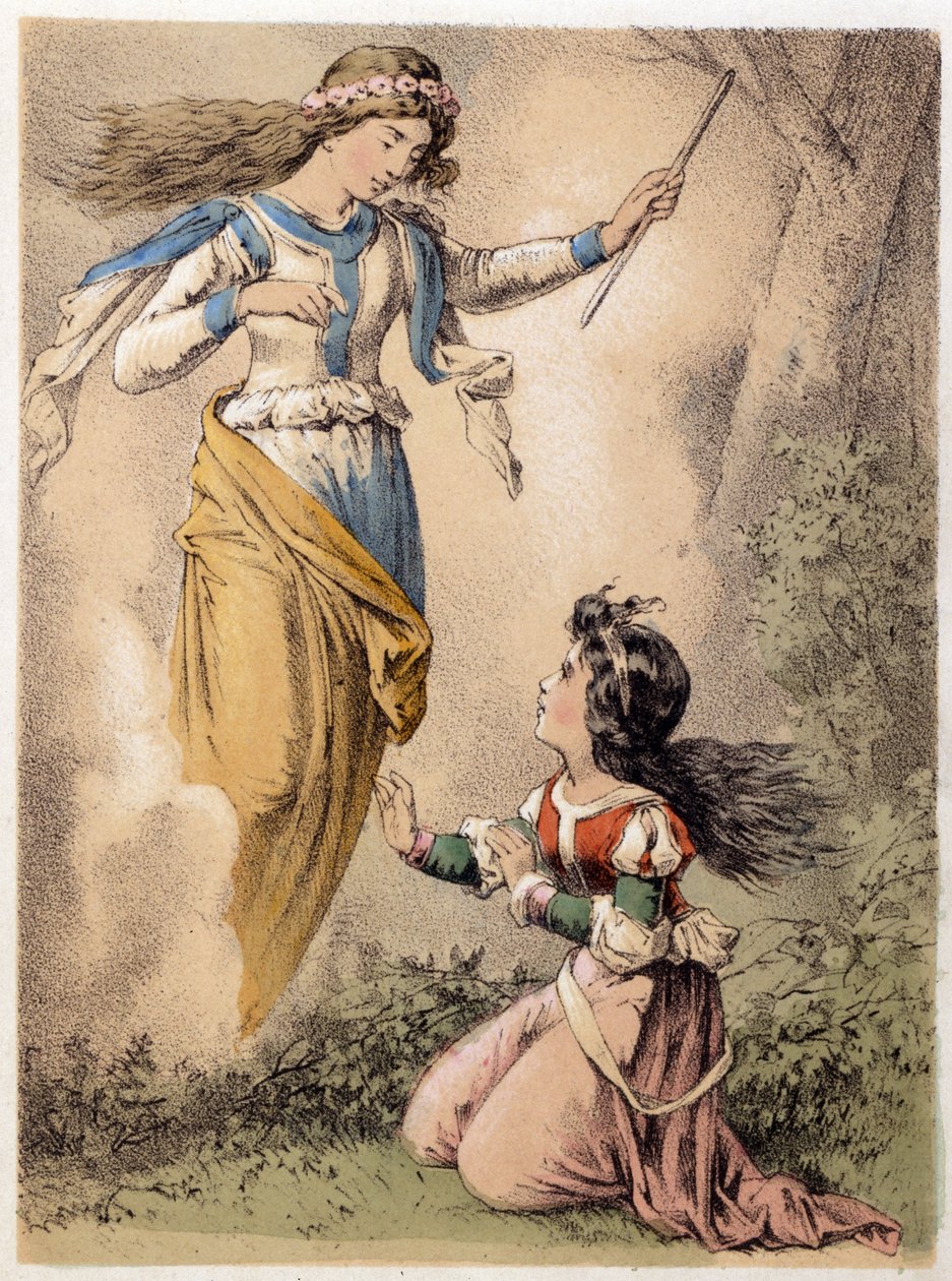 Illustration av Franz Hoffmanns berättelser "" Sagor och fabler - De tre gåvorna"": önskan uppfylld av en älva. Kromolitografi av 1800-talet. av German School