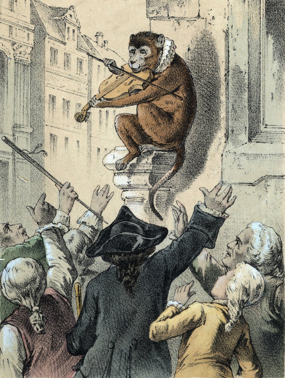 Illustration av Franz Hoffmanns berättelser "" Sagor och fabler - Apan och fiolen"": en apa som spelar fiol inför en folkmassa. Kromolitografi av 1800-talet. av German School