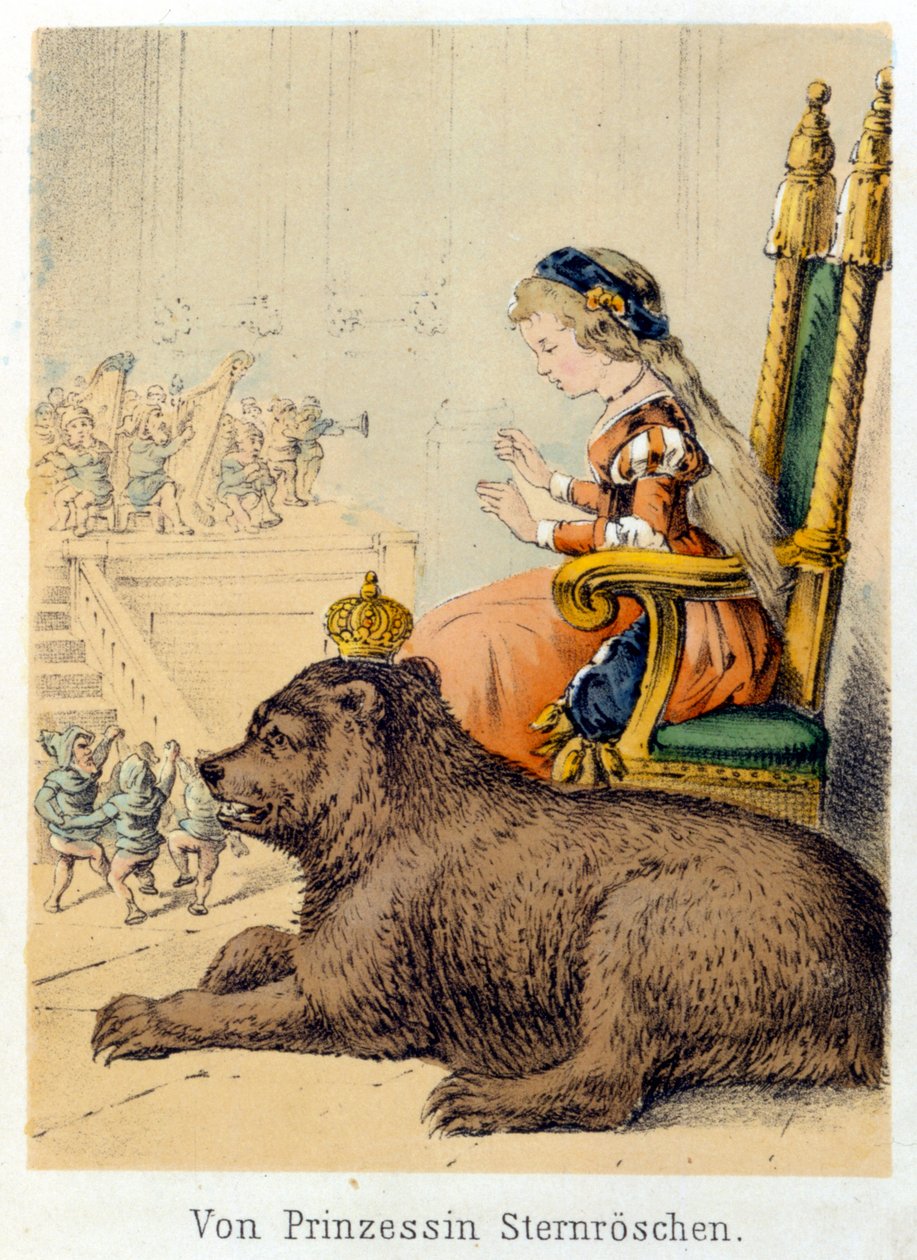 Illustration av Franz Hoffmanns berättelser "" Sagor och fabler - Von Prinzessin Sternr¿schen"": en prinsessa bredvid en kungbjörn. Kromolitografi av 1800-talet. av German School