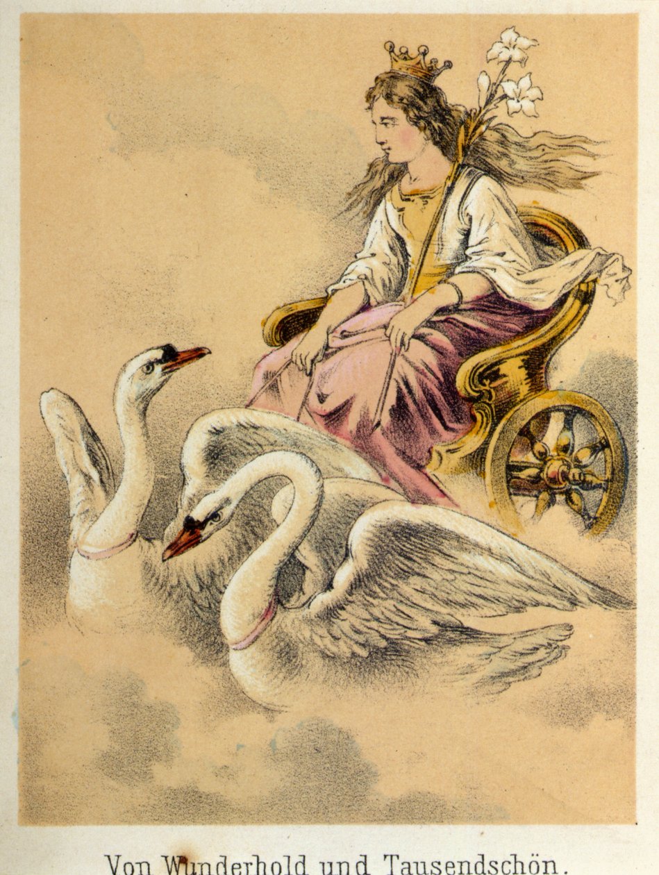 Illustration av Franz Hoffmanns berättelser "" Sagor och fabler - Von Wunderhold und Tausendsch¿n": en vagn som bär en gudinna skjuten av två svanar. Kromolitografi av 1800-talet. av German School