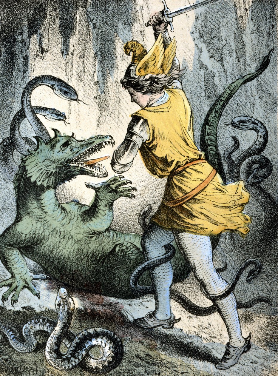 Illustration av Franz Hoffmanns berättelser "" Tales and Fables"": "" Von Wunderhold und Tausendsch¿n"" (en man som dödar ett monster eller en drake). Kromolitografi av 1800-talet. av German School