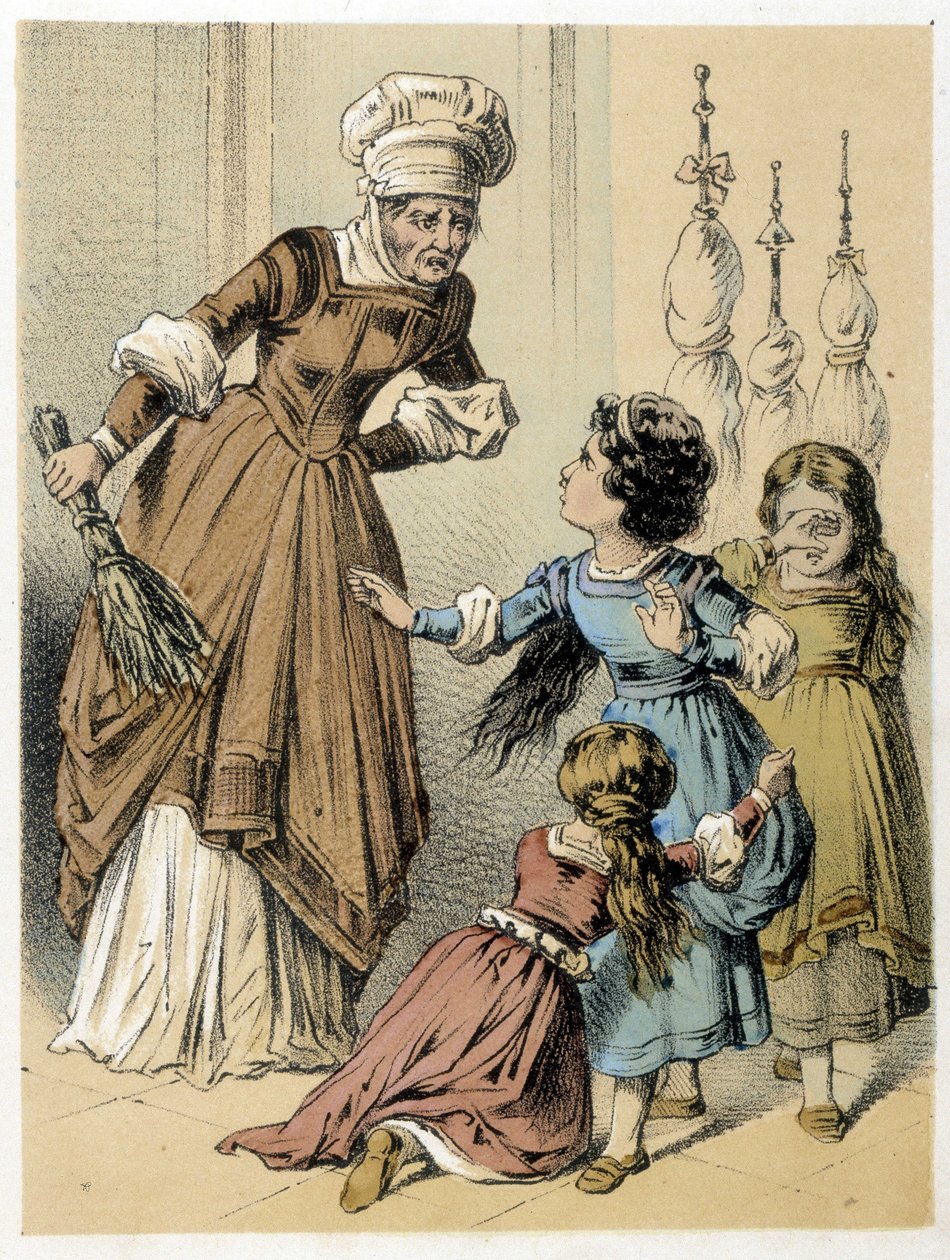 Illustration av Franz Hoffmanns berättelser "" Tales et Fables - Les 3 Gifts"": en kvinna misshandlade de 3 flickorna. Kromolitografi av 1800-talet. av German School