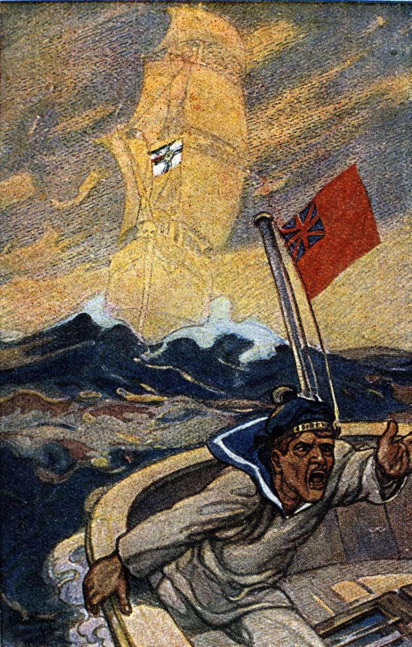 Illustration av tysk propaganda från tidningen Jugend under 1:a världskriget. En engelsk sjöman terroriseras av utseendet på ett spökskepp som seglar under rikets flagga. av German School