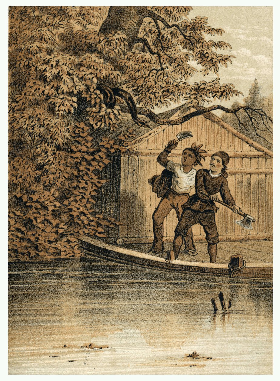 Illustration av erövringen av Amazonfloden av européer. i "De Bootslieden der Amazon-River", Karl Muller, Nederländerna av German School