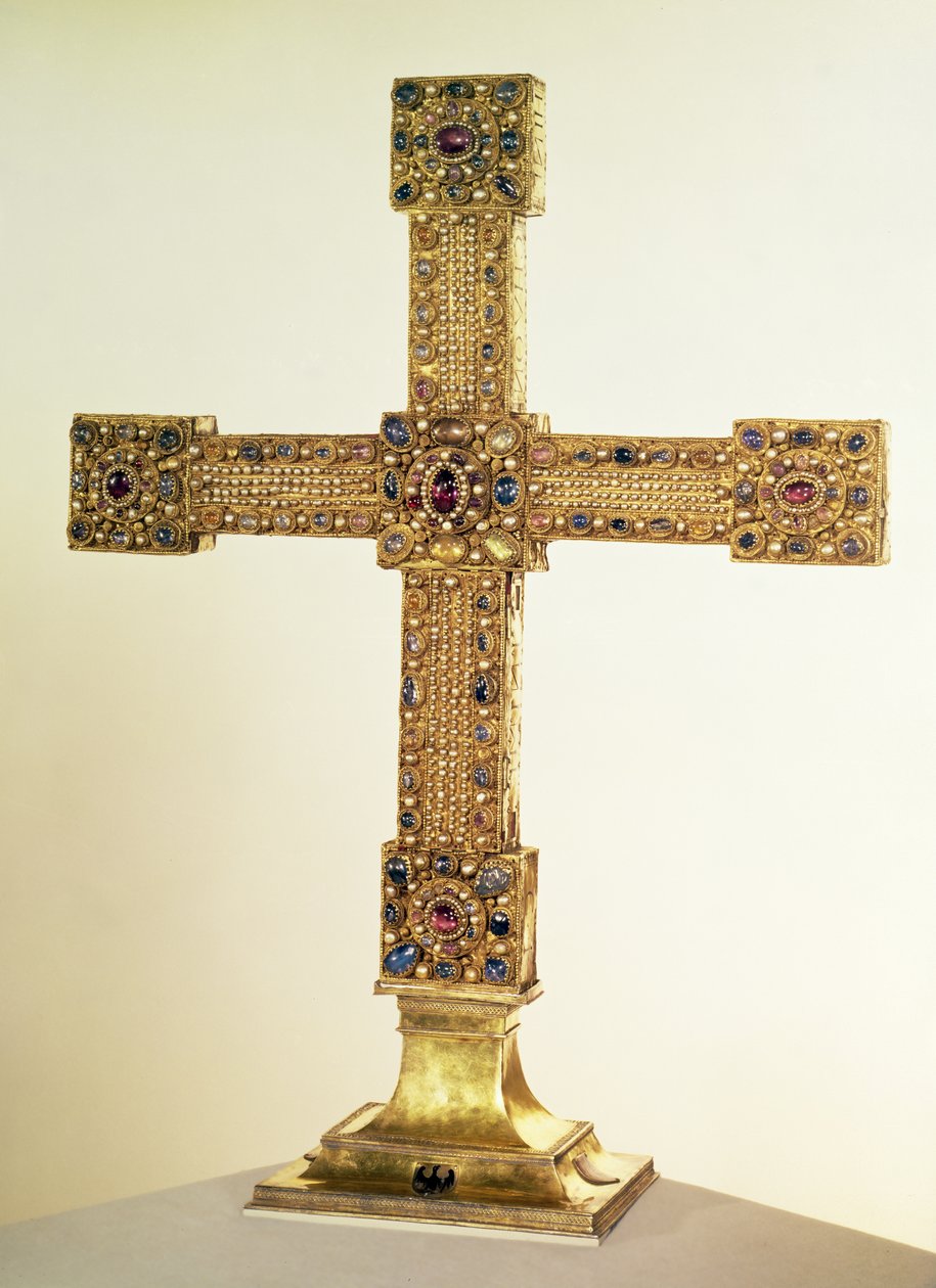 Imperial Cross of the Holy Roman Empire gjord av ek täckt med plattor av guld och dekorerad med pärlor och ädelstenar, västtyska, 1024-25 (ek, guld, ädelstenar och pärlor) av German School