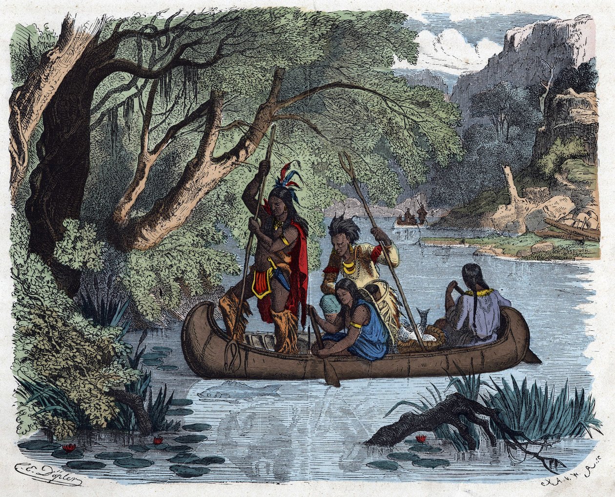 Indianer som fiskar ombord på en kanot på en flod i Amerika. I "" Wenn Jemand eine Reise thut, so kann er was erzahlen"" (När någon reser, detta är vad han kan berätta), tysk saga av Franz Wiedemann av German School