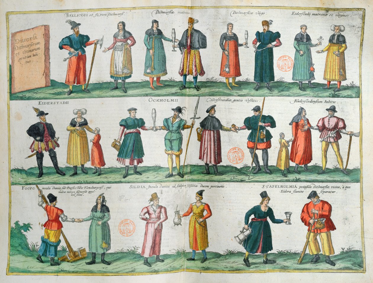 Invånare i Dithmarschen (Danmark), illustrerad skylt från Theatre des Cites du Monde av G. Braun, Köln, 1572-1618 av German School