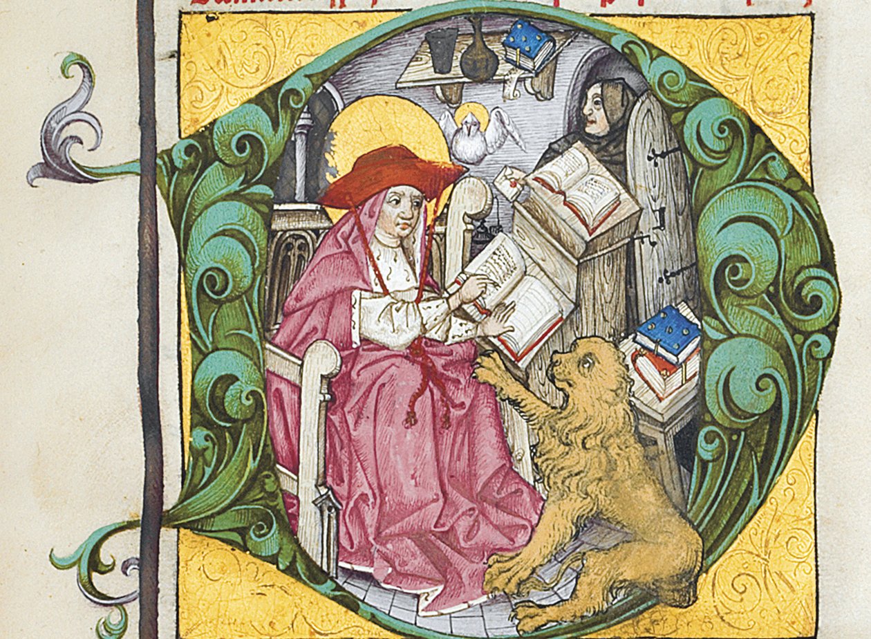 Initial D från The Letters of Hierome Hieronymus brev och avhandlingar, redigerade av Adrianus Brielis av German School