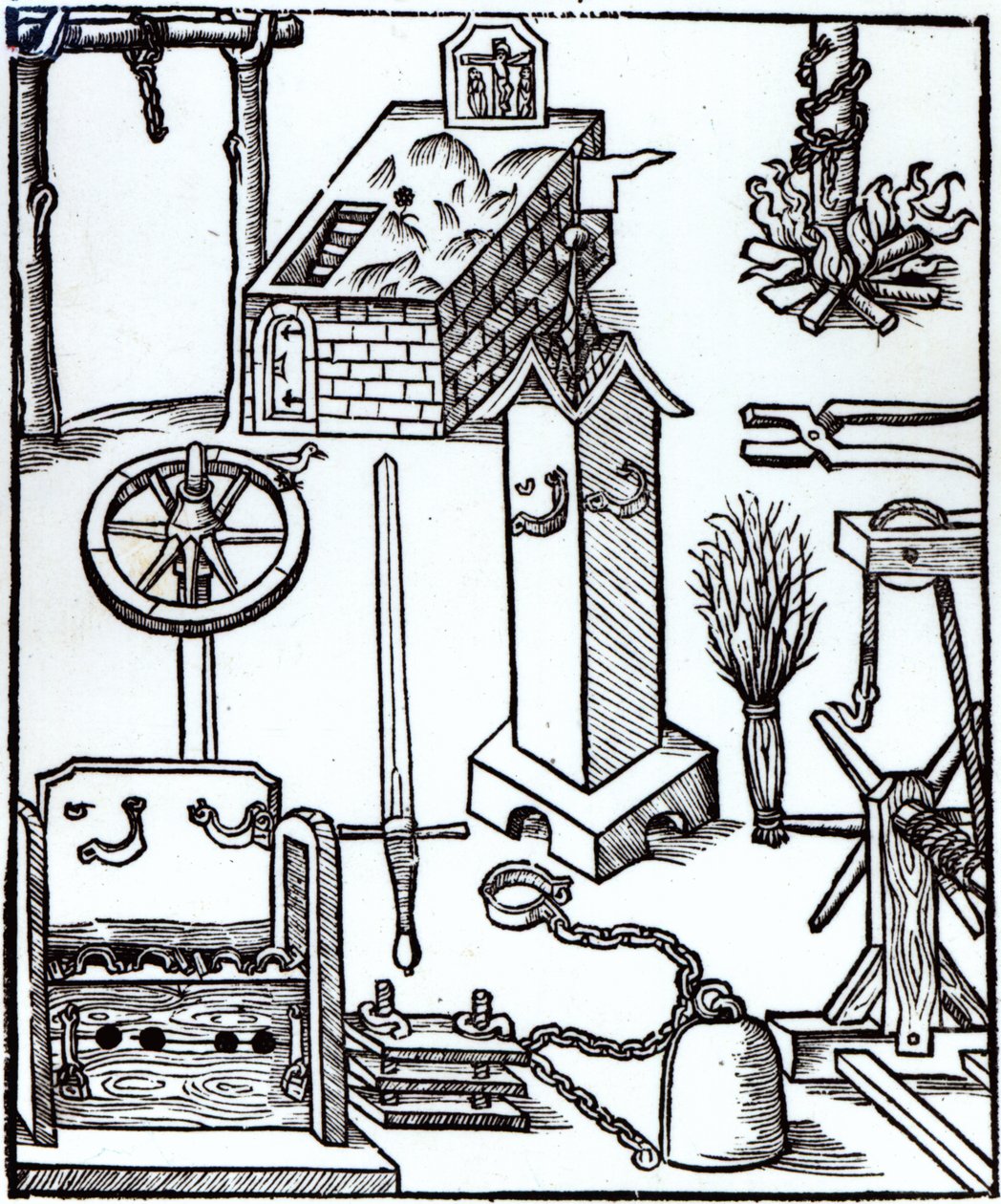 Avrättnings-, straff- och tortyrinstrument, illustration från Bamberger Halsgericht, 1507 av German School