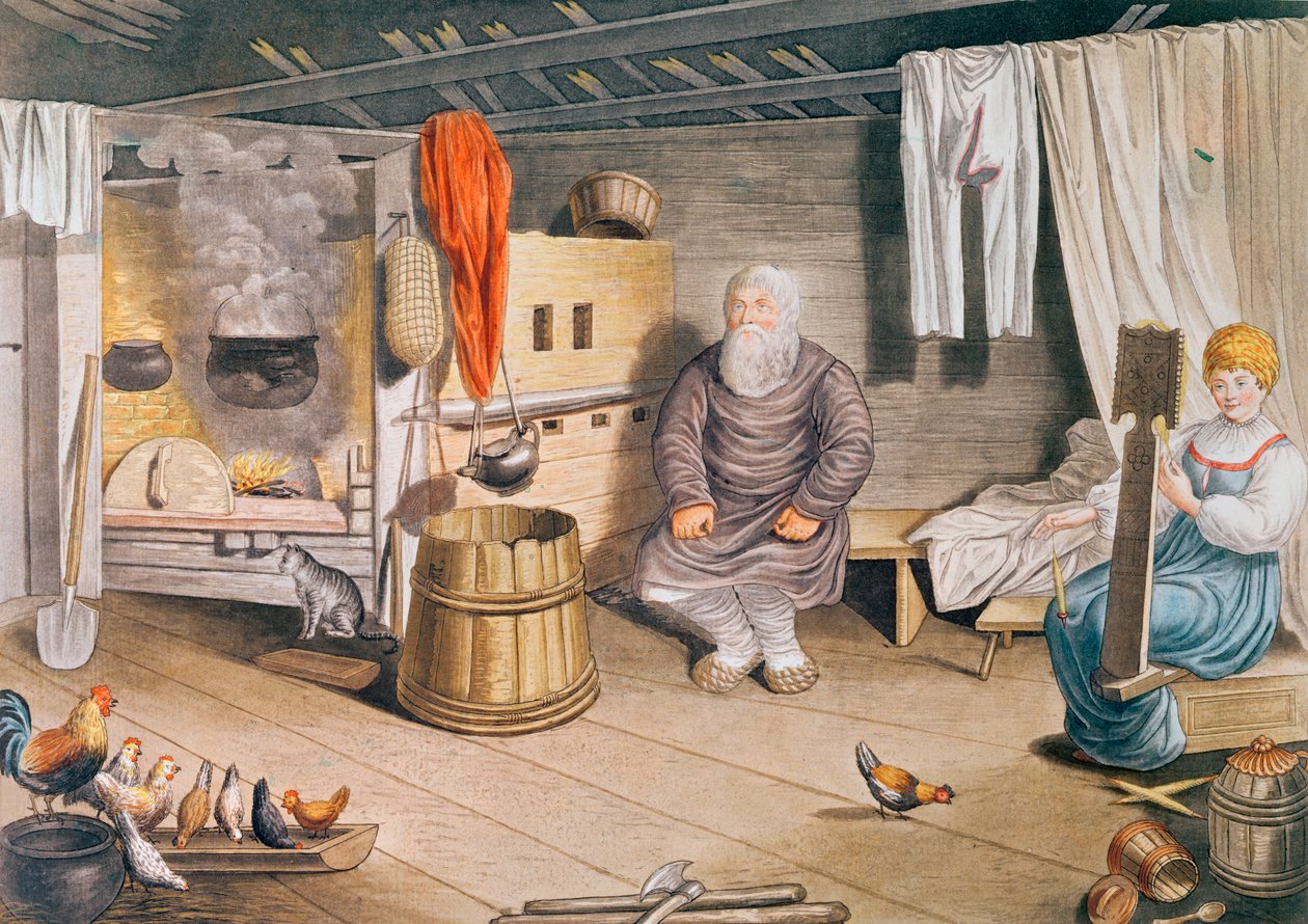 Interiör av en rysk izba, publicerad i Leipzig, 1820 av German School