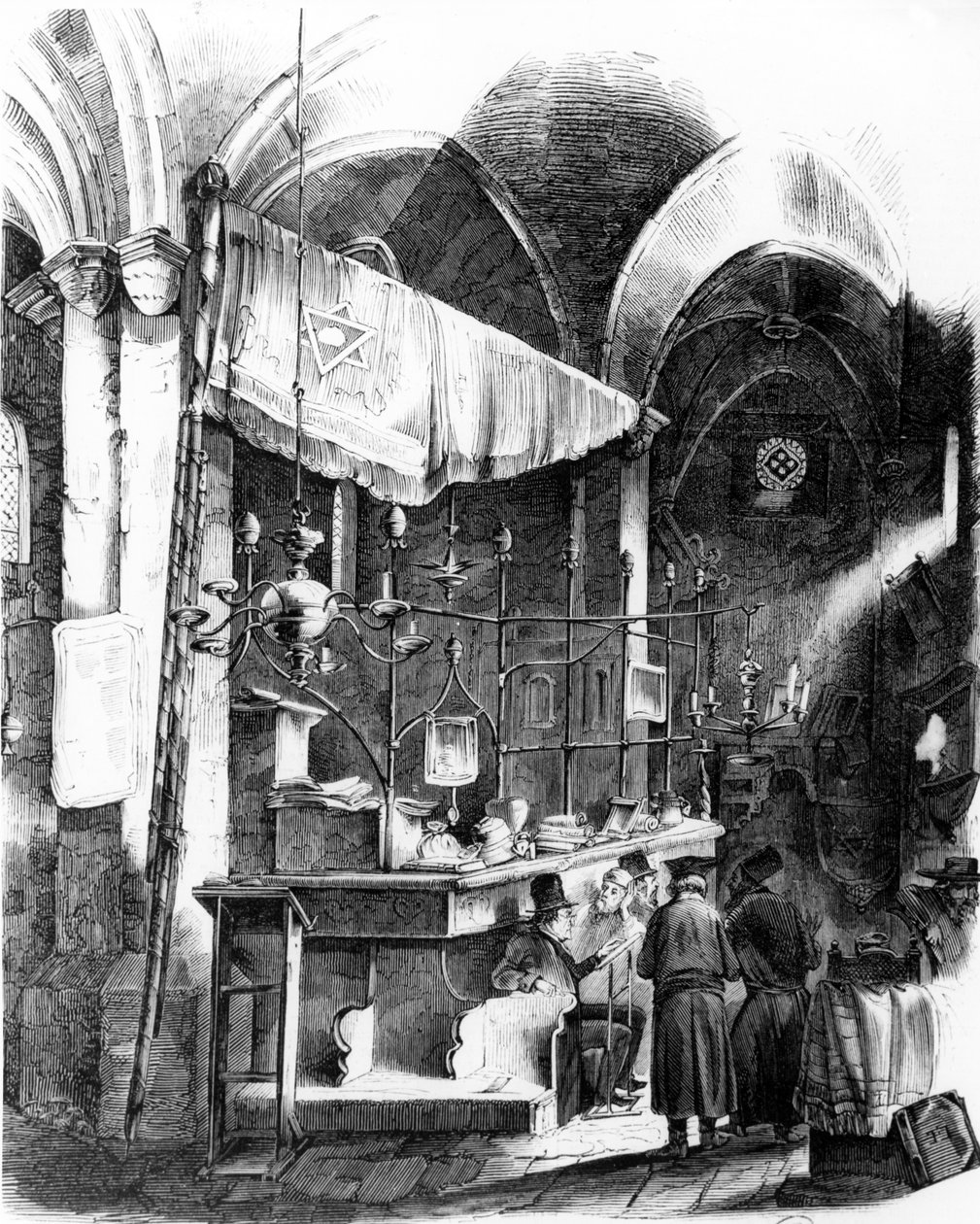 Interiör av Altneuschul (gamla-nya synagogan), Prag, 1852 av German School
