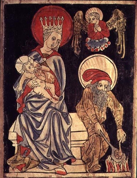Inv. 1930-69.f.637 Helig familj vilar på flykten till Egypten, c.1410 (träkloss) av German School