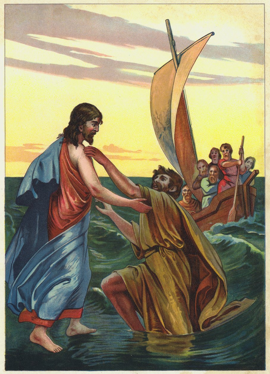 Jesus går på vattnet (färglitografi) av German School