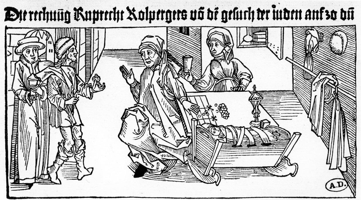 Judisk pengaägare med sin familj som tar emot kunder, 1491 (trägravyr) av German School