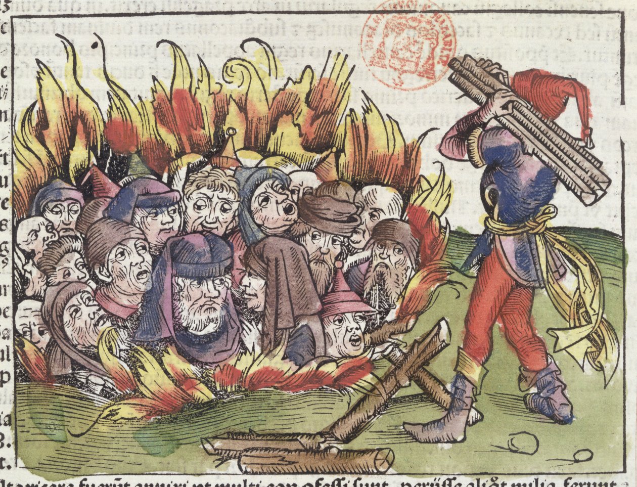 Judar brända på bål, från Nürnbergkrönikan av Hartmann Schedel (1440-1514), 1493 (träsnitt i färg) av German School