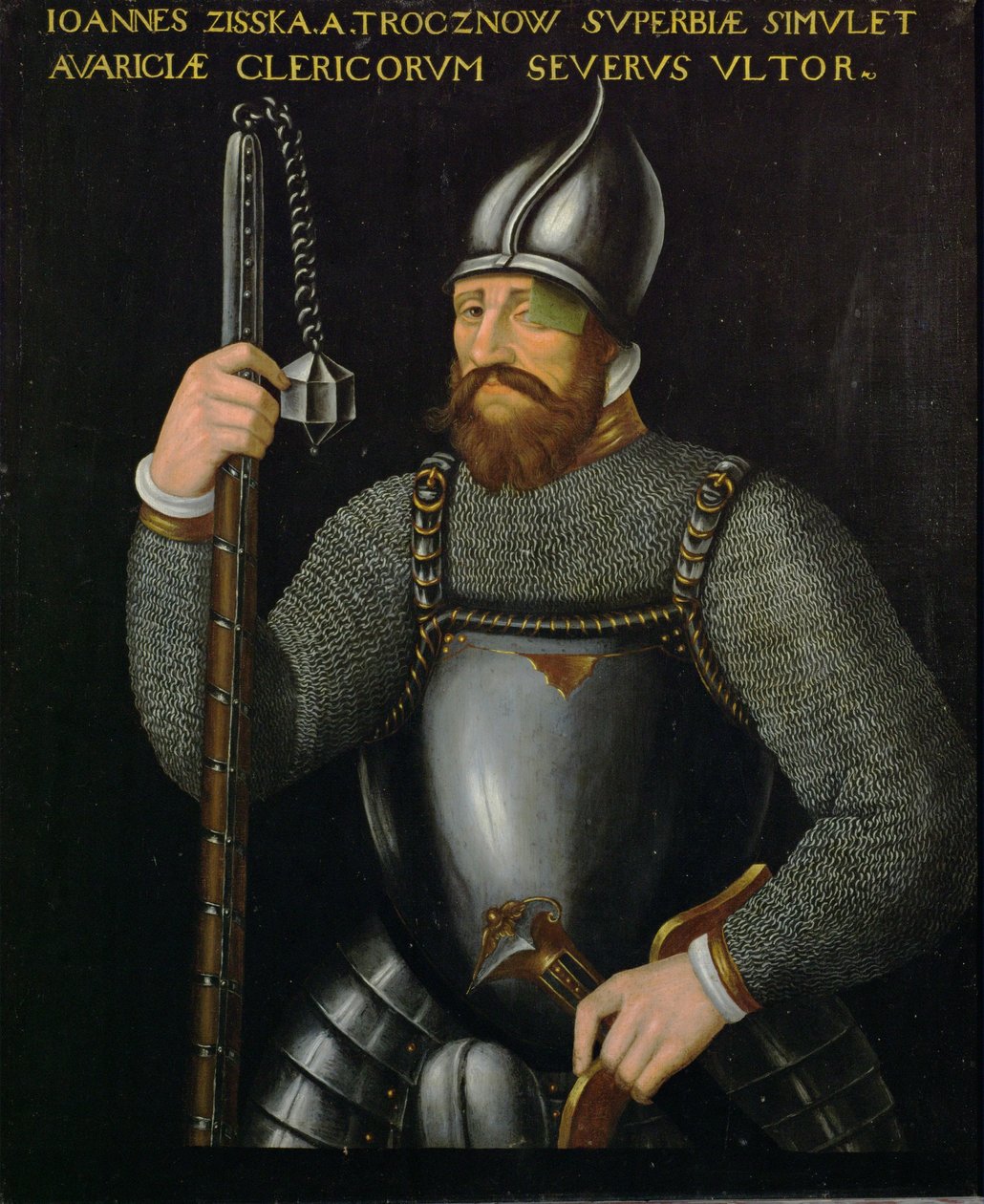 Johann Ziska von Trocnov, ledare för de böhmiska hussiterna och taboriterna som vann två slag mot kejserliga arméer 1420 och 1422 ... av German School