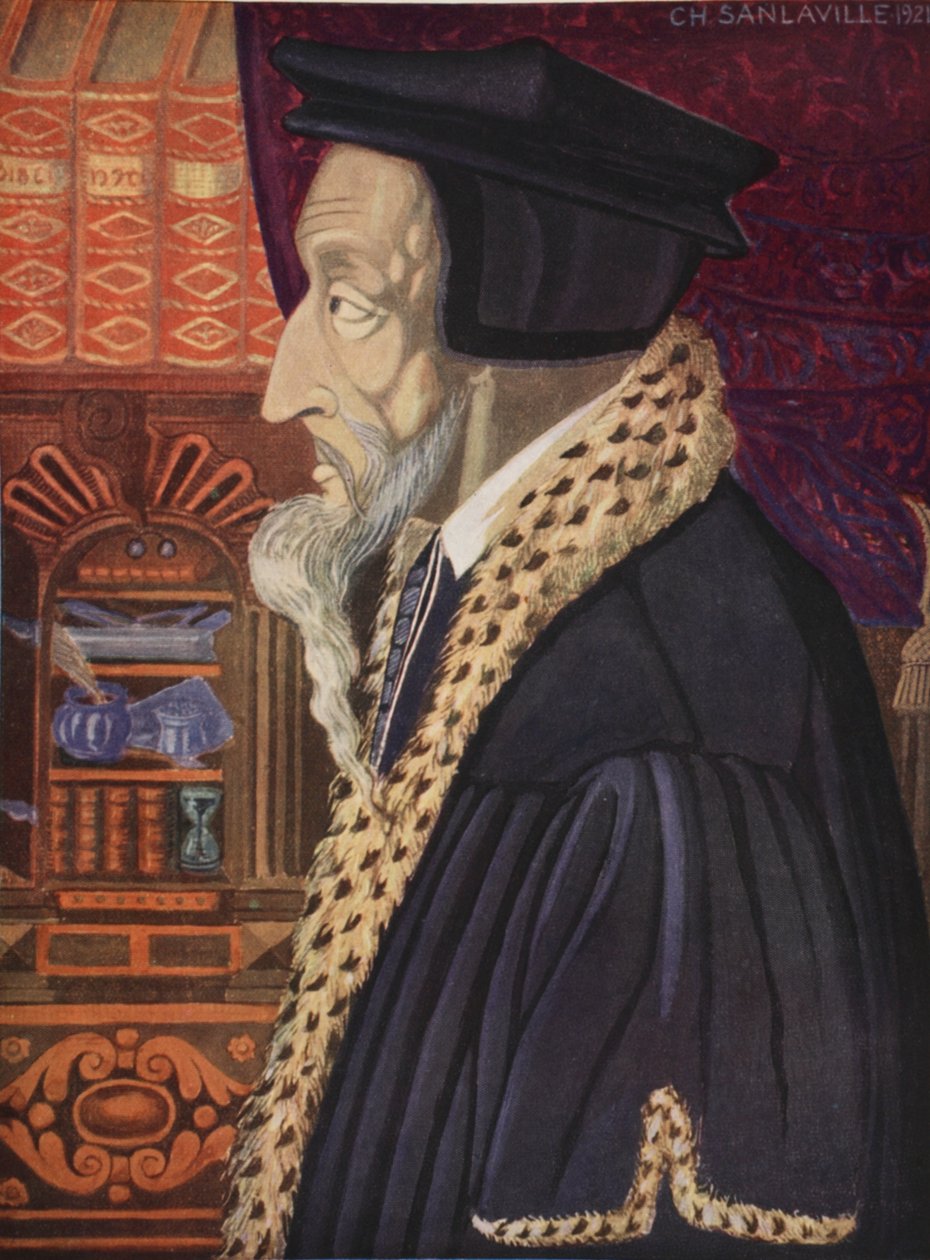 John Calvin, kopia av M. Charles Sanlaville (fl.1920-30), illustration från Histoire de la Nation Francaise, av Gabriel Hanotaux (1853-1944), 1924 av German School