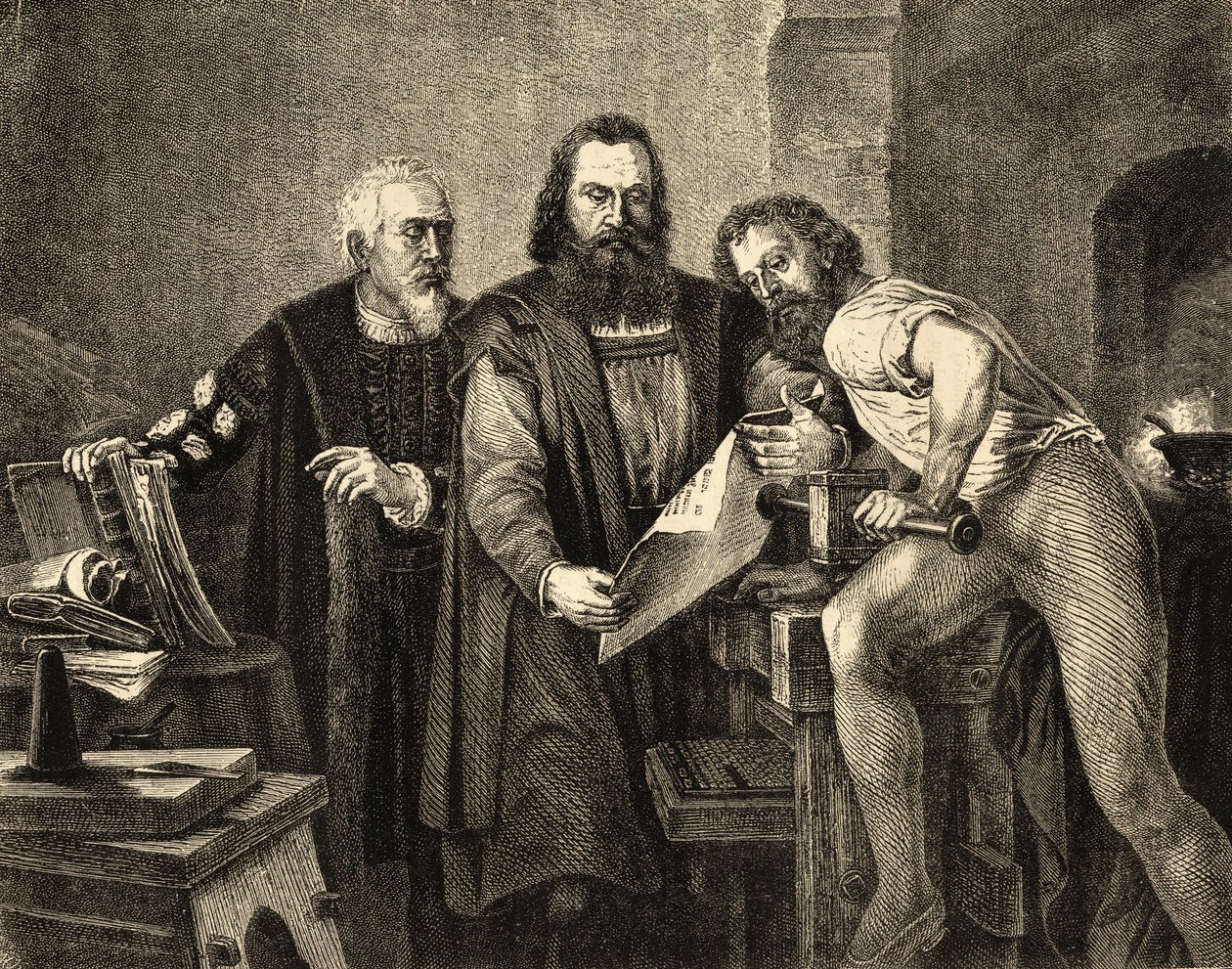 John Faust (ca 1400-66) John Gutenberg (1400-68) och Peter Schoeffer (ca 1425-1503) av German School