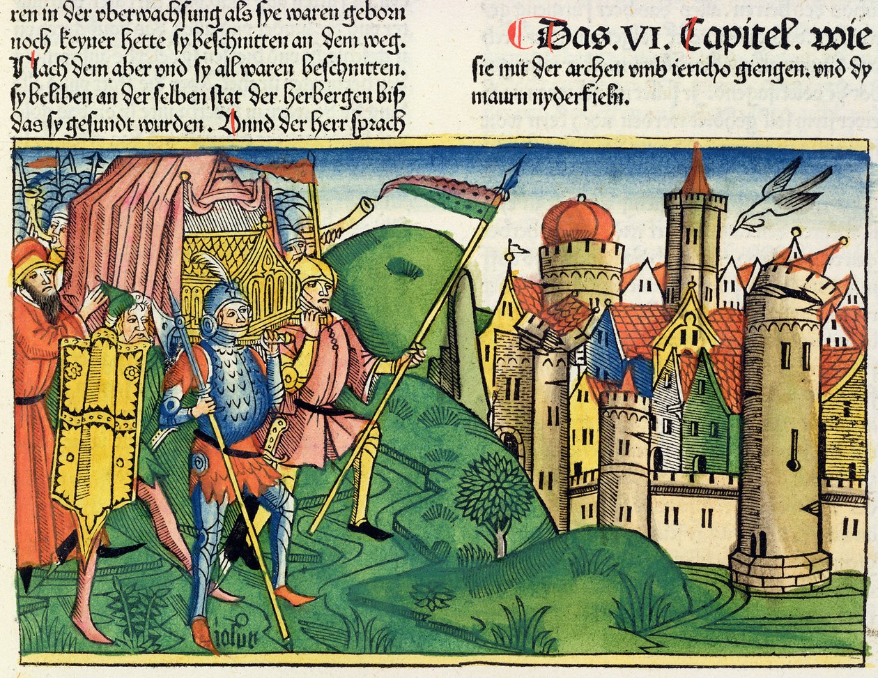 Josua 6 4-21 Jerikos fall, från Nürnbergbibeln (Biblia Sacra Germanaica) (färgat träsnitt) av German School