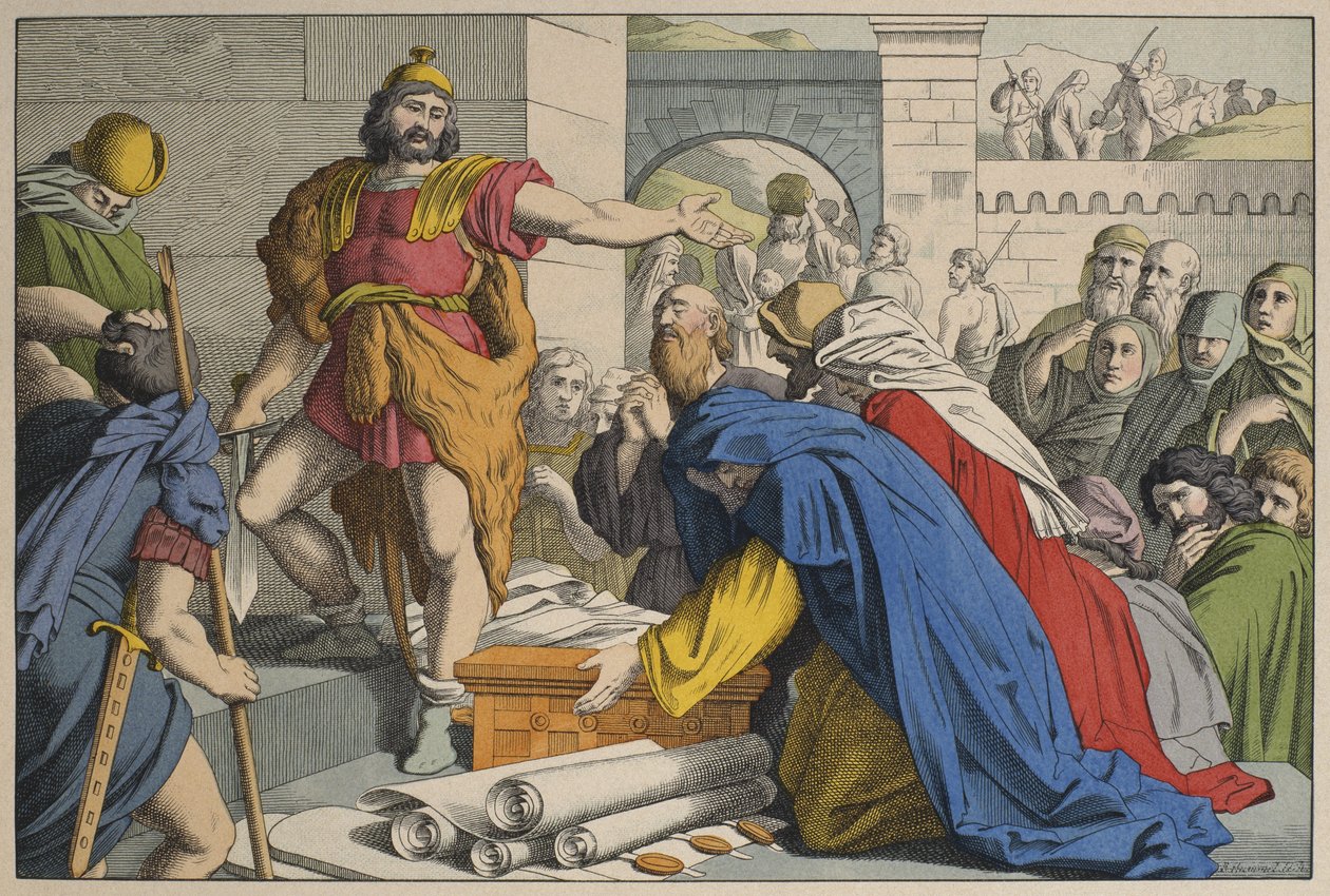 Judas Maccabeus at Maspha, illustration från Lancien Testament, utgiven av Jakob Ferdinand Schreiber, Esslingen (färgstick) av German School