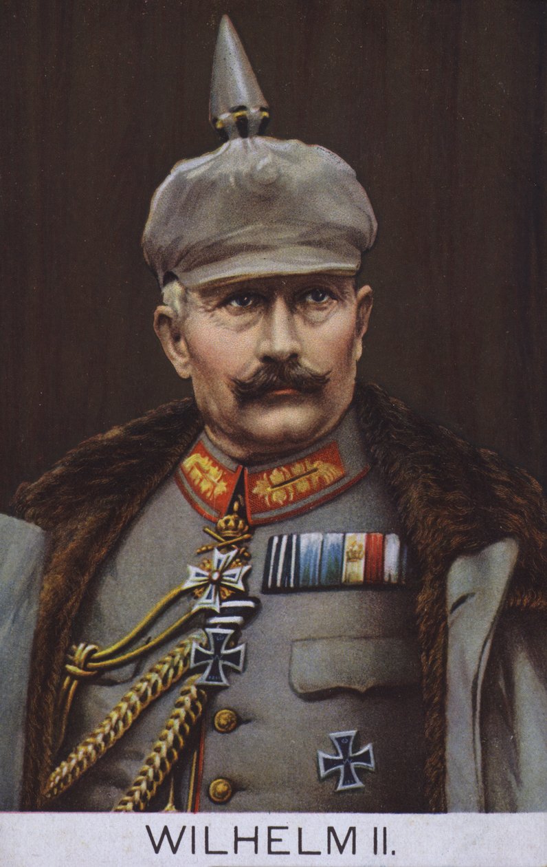 Kejsar Wilhelm II av Tyskland i militäruniform (färglitografi) av German School