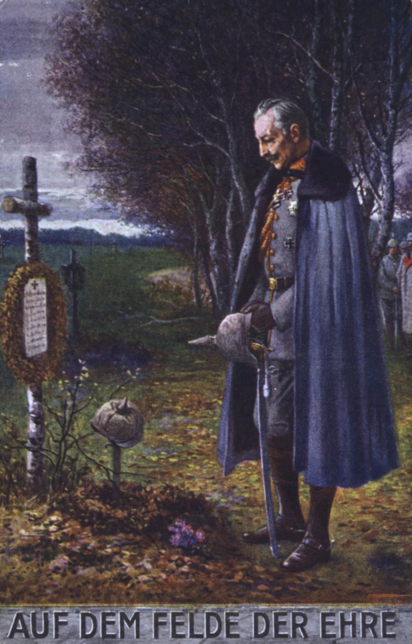 Kejsar Wilhelm II visar sin respekt vid en tysk soldats grav (färglitografi) av German School