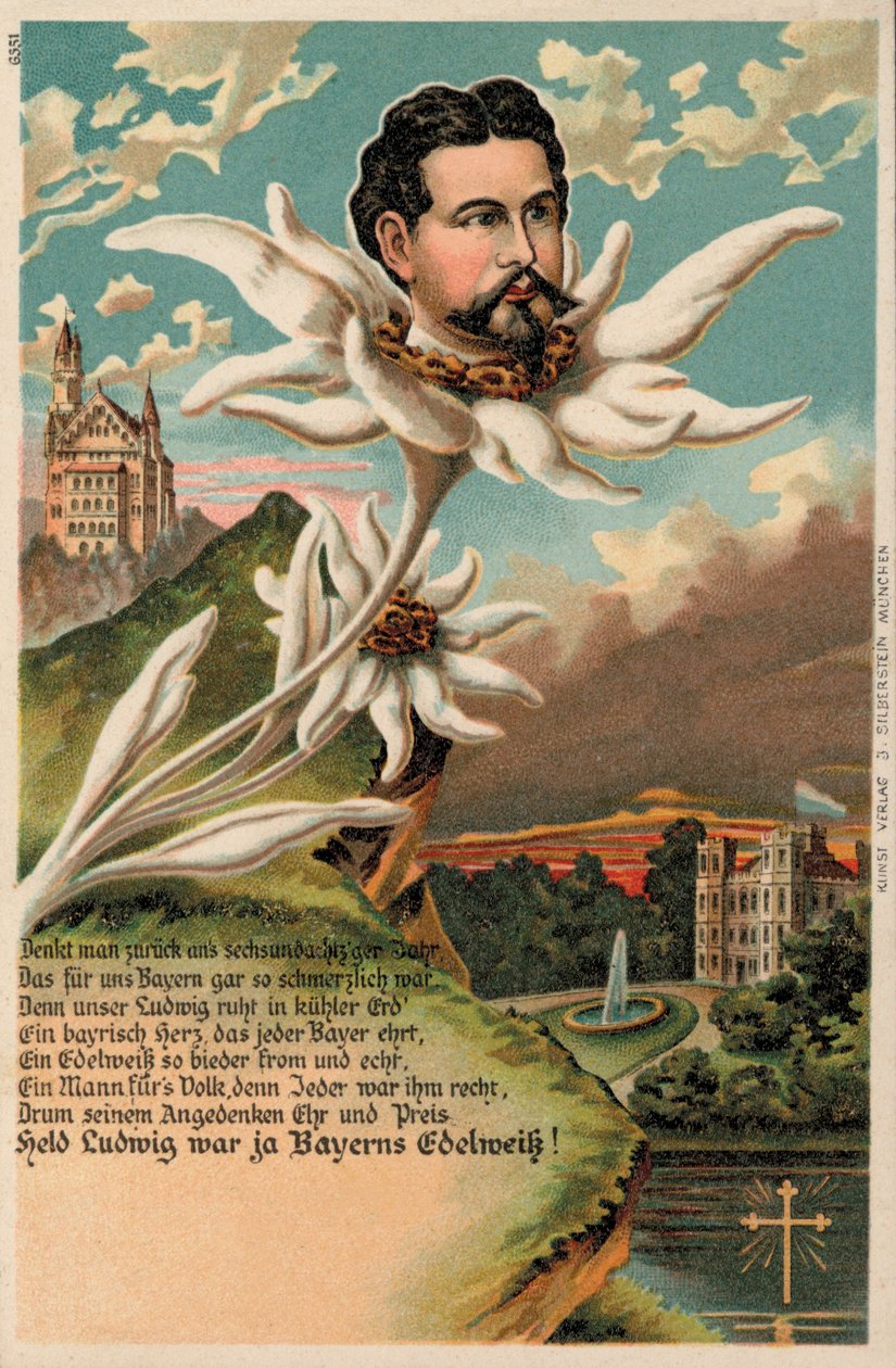 Kung Ludwig II av Bayern avbildad som en edelweiss (kromolit) av German School