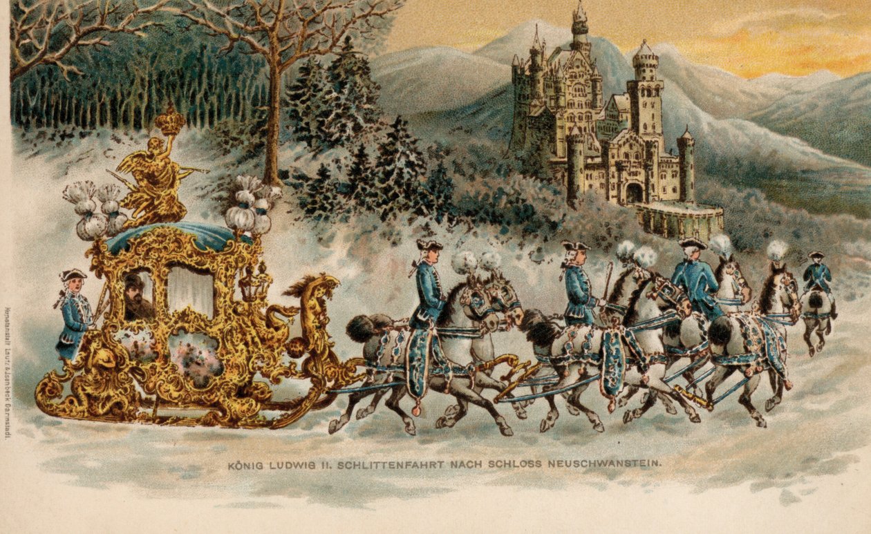 Kung Ludwig II av Bayern på väg till slottet Neuschwanstein i en gyllene släde (kromolitho) av German School