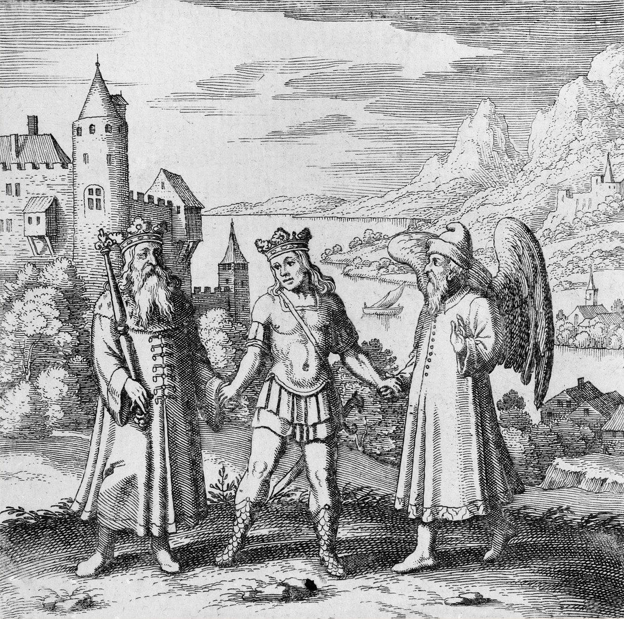 Kung och frisk ande vägleder prinsen från Musaeum Hermeticum av German School