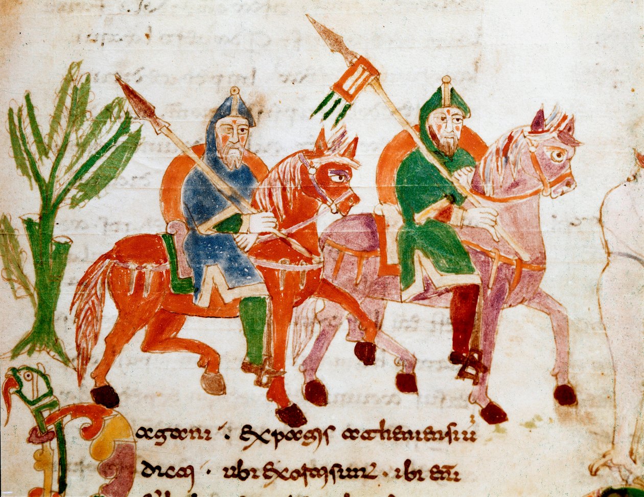 Riddare med hästar Miniatyr från manuskriptet "" De Universo" eller "" De rerum naturis"" (Om sakernas natur) av Rabanus Maurus Magnentius (eller Raban Maur eller Rabano Mauro, ca 780-856). 800-talet. Arkiv för Monte Cassino Abbey (Mount Cassin) av German School