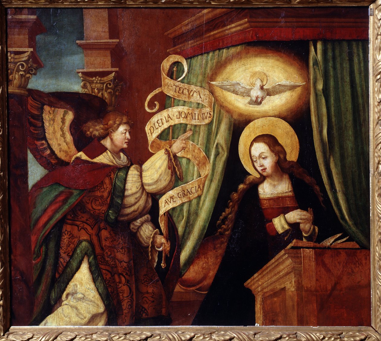 Annunciationen (The Annunciatioon). Ärkeängeln Gabriel kommer med ett meddelande på latin: ""Ave gratia plena Dominus tecum"" (Hej, o full av nåd, Herren är med dig) (början av Ave Maria). Målning av en tysk mästare (1500-talet). Olja av German School