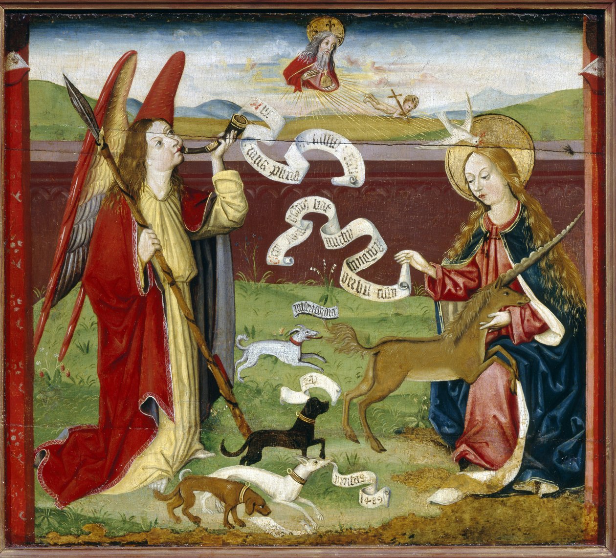 Bebådelsen, enhörningens mystiska jakt (The Annunciation. The Mystic Hunt of the Unicorn). Ärkeängeln Gabriel blåser det gudomliga budskapet i ett horn till Jungfru Maria, som tar emot den Helige Andes duva (Helige Ande), medan en enhörning är av German School