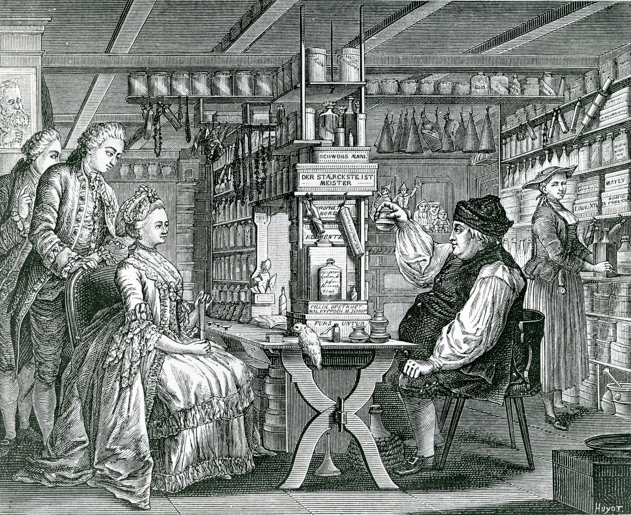 The Rustic Pharmacy, tryck gjord av Bartolomaus Hubner (1727-1795), 1774 av German School